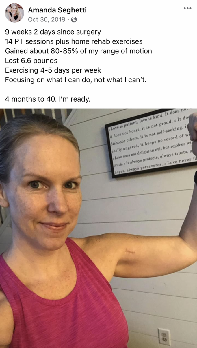 woman in pink shirt flexing after shoulder surgery in 9 week update photo